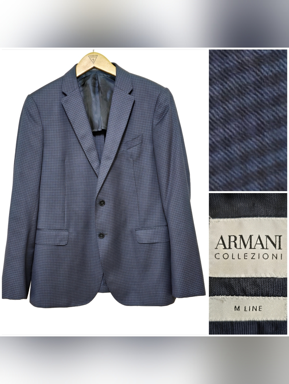 Armani Collezioni Men Sz 52 M Line Plaid Navy Blue 100% Wool Blazer Coat Jacket